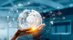 Hand holding digital global network