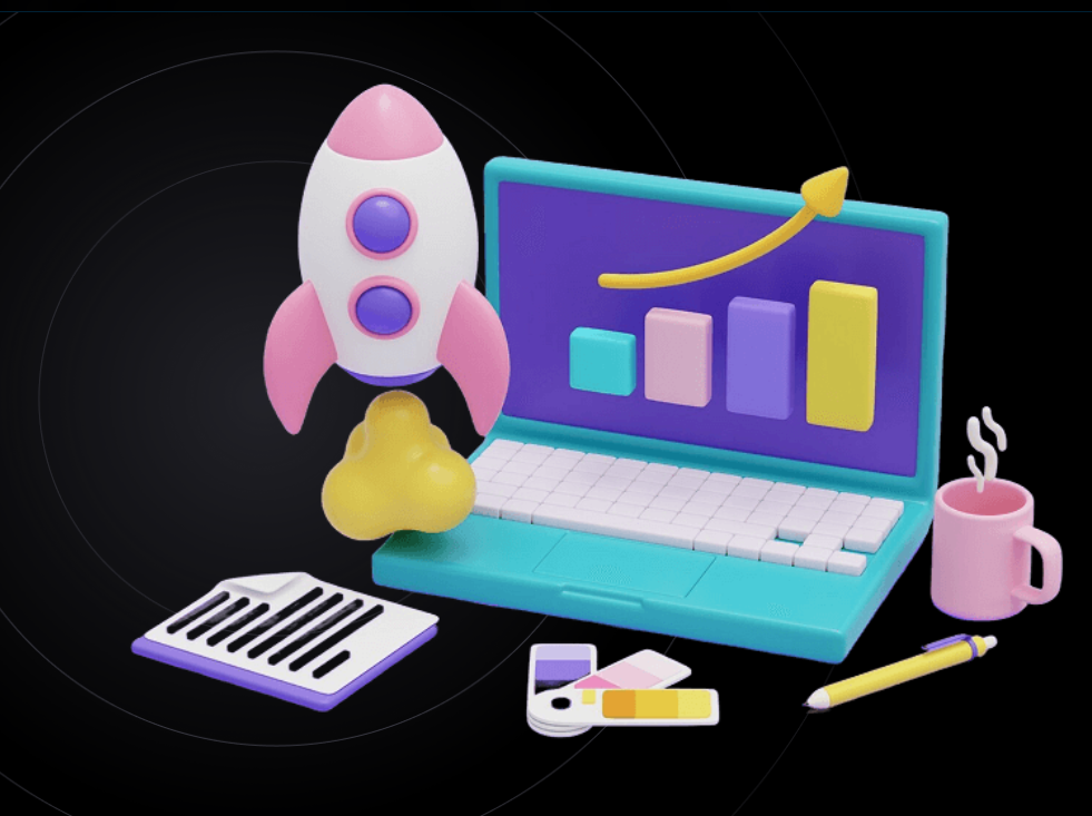 Colorful workspace with rocket and laptop